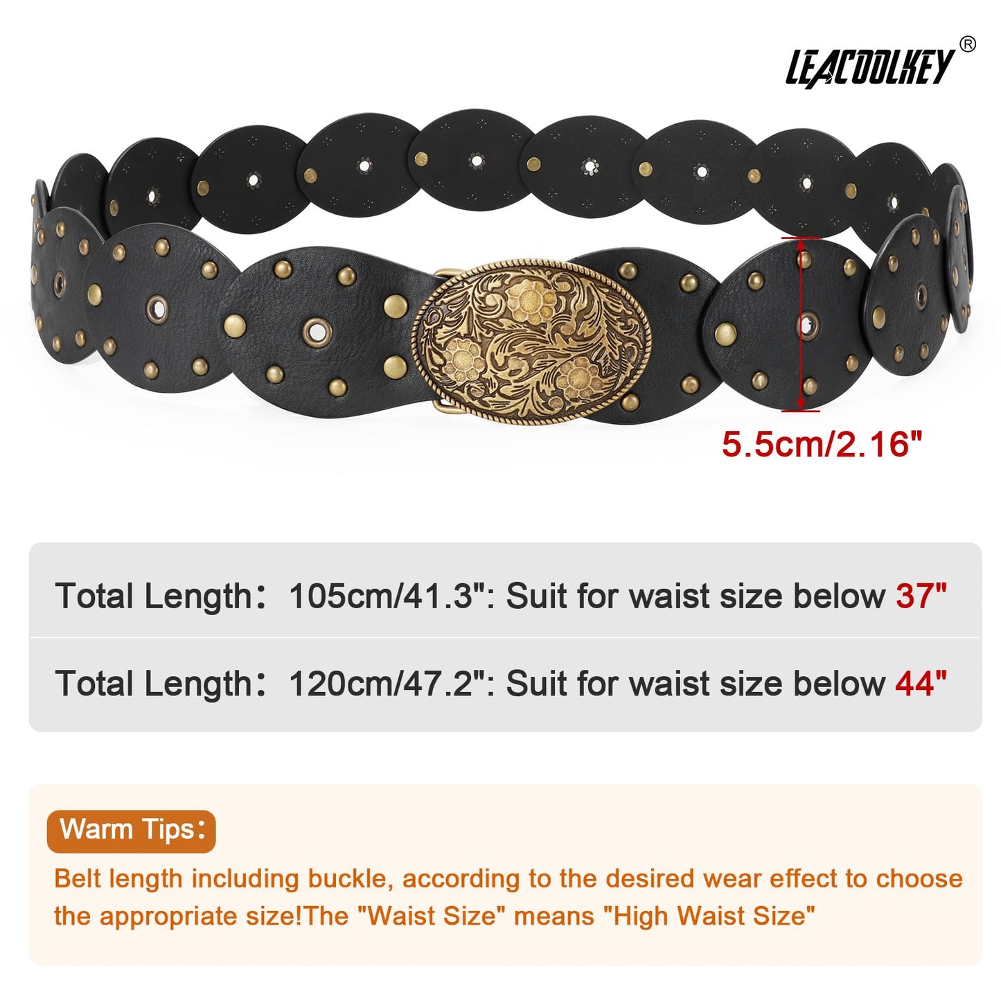 LEACOOLKEY Hollow Disc Belt Western Leather Belt Boho Concho Belt Vintage Waist Belt for Women