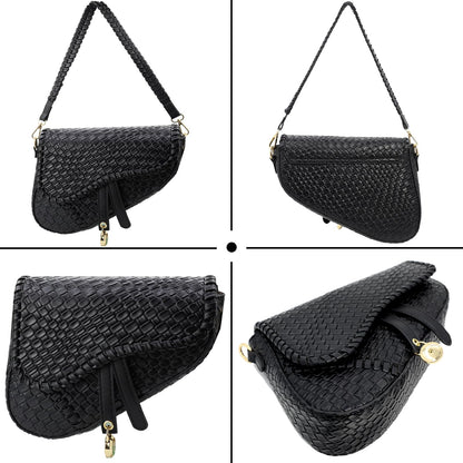 ERWUBA fashion women saddle shoulder bag clutch purse small crossbody satchel handbag woven imitation crocodile leather bag (Black)