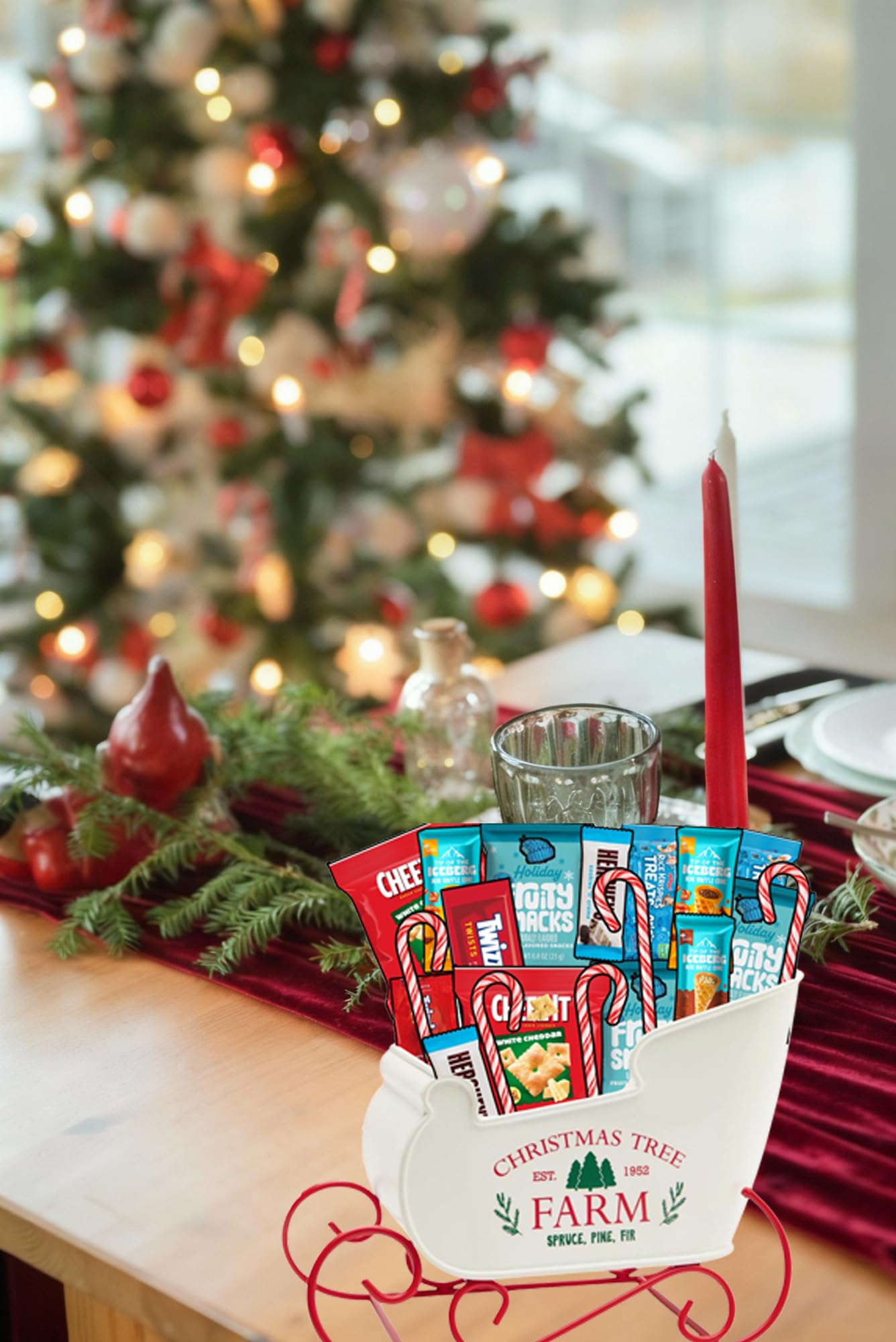 Christmas Gift Snack Care Package, 65 Count in Santa Sleigh Holiday Gift Basket for Christmas, Assorted Individually Wrapped Full Sized Candy Canes, Fruit Snacks and More, Candy Gift Basket for Adults