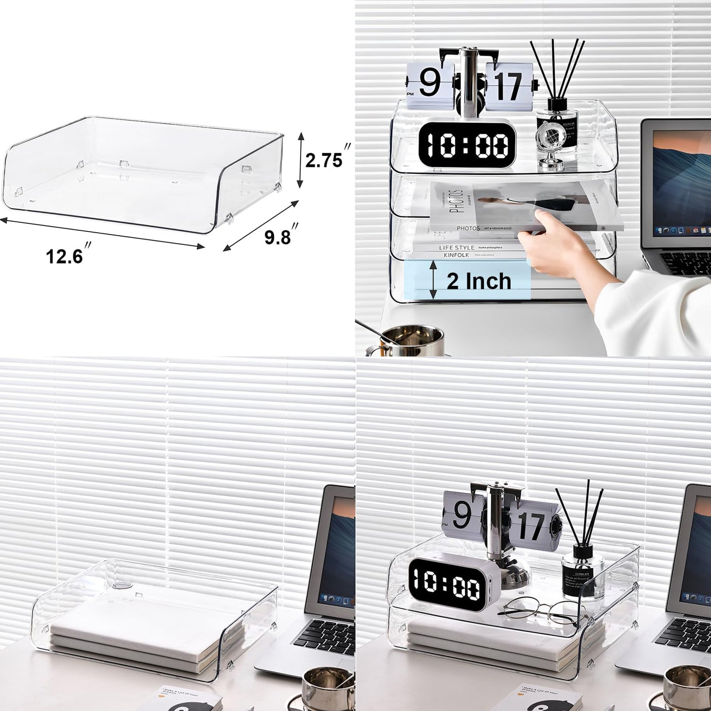 Gagee 4 Pack Paper Organizer for Desk,Stackable Paper Tray Book Holder for Classroom,Office and More,Letter Tray Desk Organizer,Clear