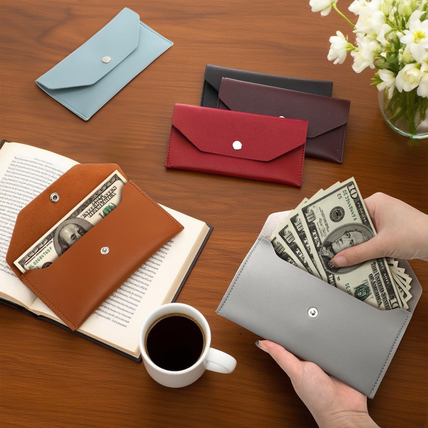 Tebery 12 Pcs PU Leather Cash Wallet, Reusable Money Envelope Purse with Snap Closure, Waterproof Pouch Bag Budget Organizers for Cash, Receipt, Card, 12 Color