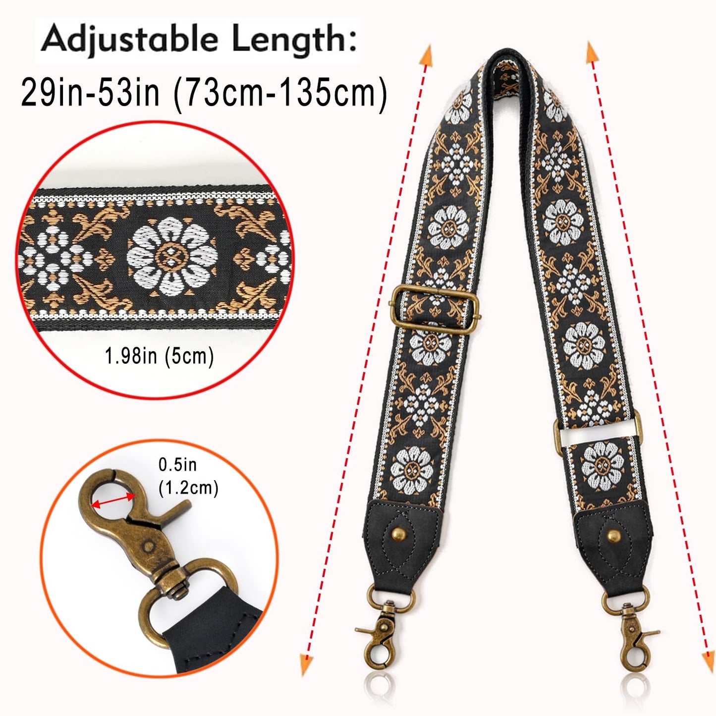 KIMPUDSEN Purse Strap Replacement Crossbody Handbag Adjustable Embroidery Bag Strap(Black Leather-28)