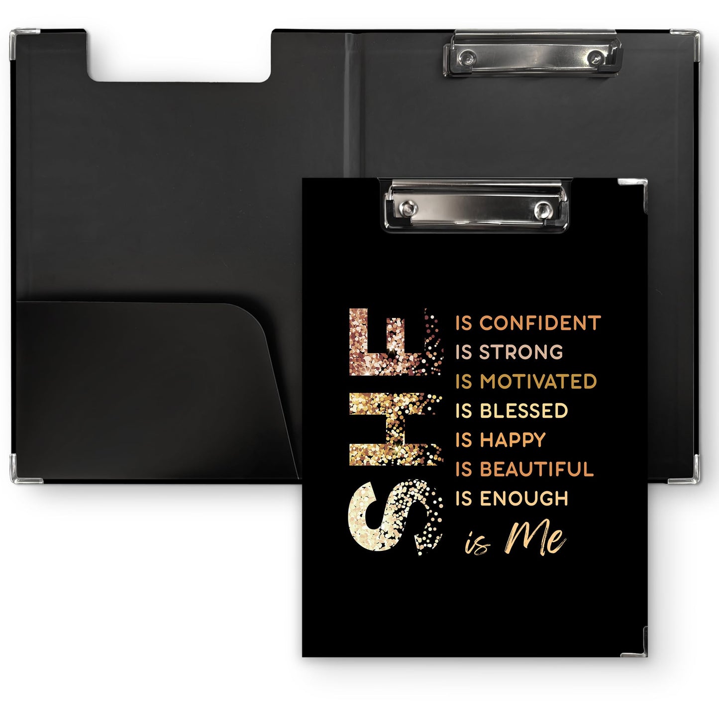 QLMX Gold Positive Affirmations Clipboard Folio with Storage, She is Me Inspirational Clipboard Folder, Motivational Self Care Clipboards for Women Nurses, Positive Office School Supplies, 12.4x9.2In