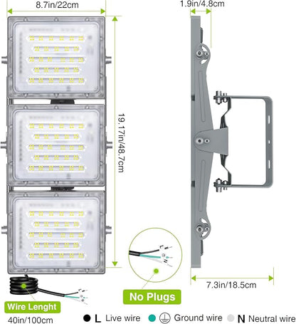 STASUN 2 Pack LED Flood Lights Outdoor, Max Series 300W 30000lm 6000K Daylight IP66 Waterproof, Commercial Parking Lot Lights, 3 Heads for Yard Street Stadium Outdoor Area Floodlight Security Light