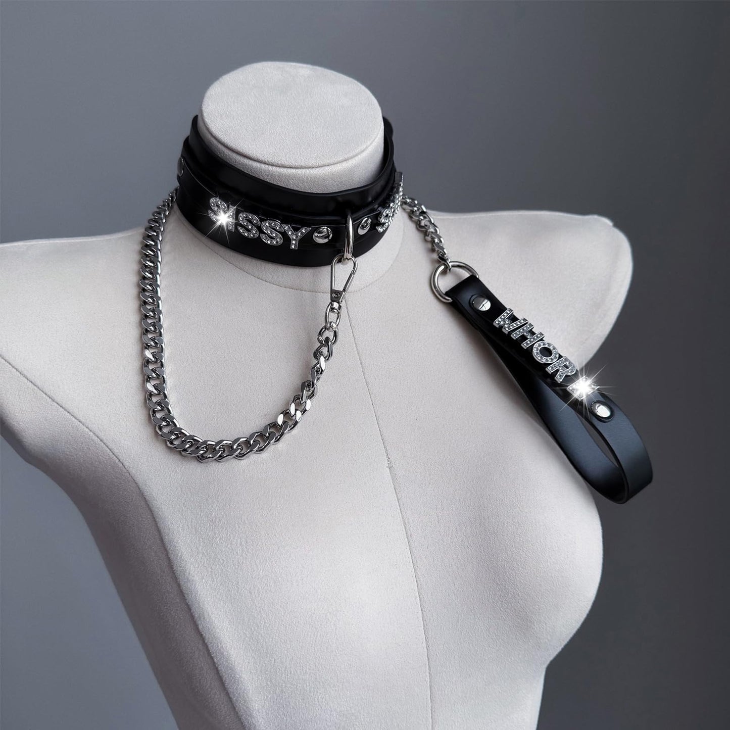 ADEMISHIA Women's Black Leather Choker Necklace with Rhinestone Letters, Adjustable Punk Gothic Custom Name D-ring Collar Jewelry For Women