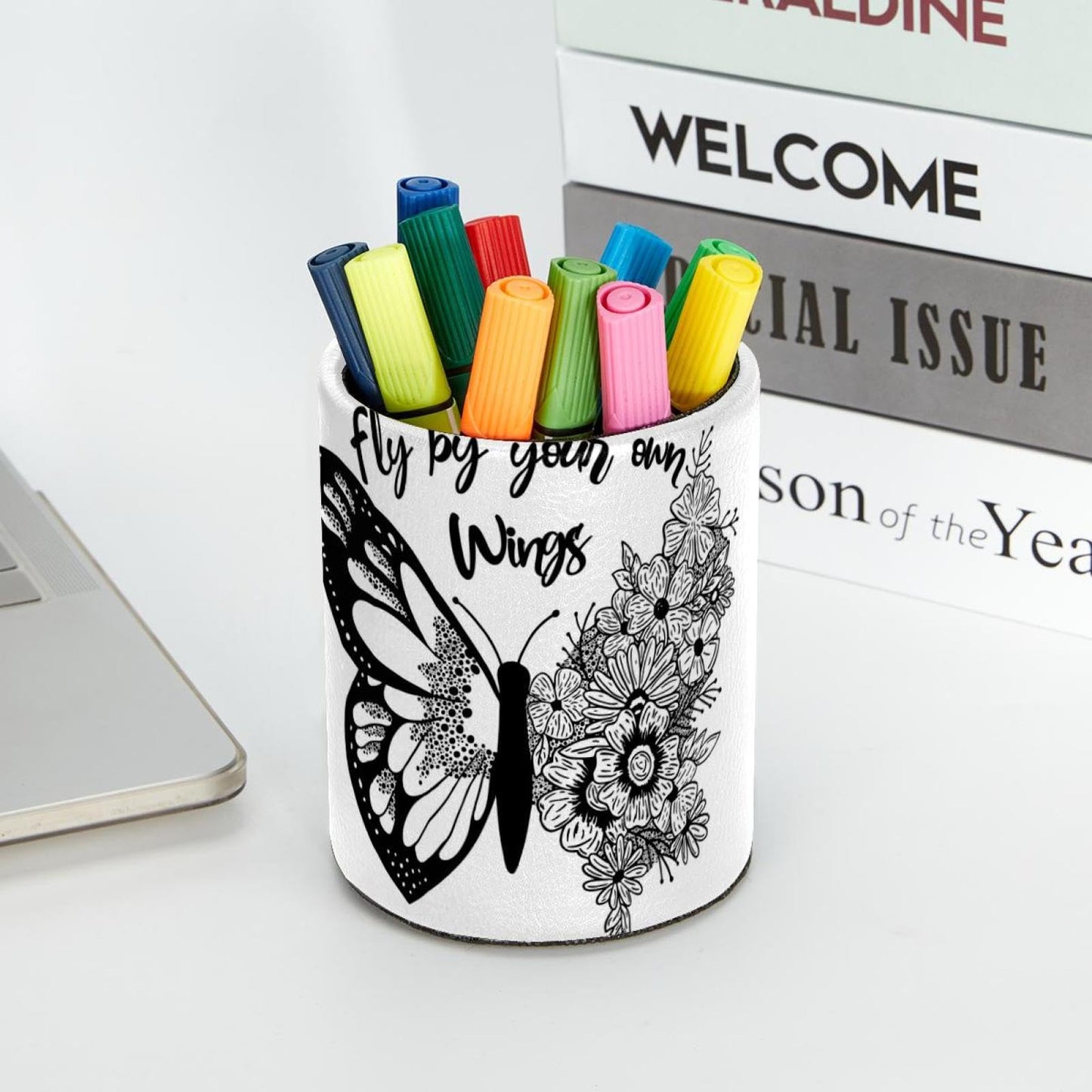 LWSHUNYI Black and White Butterfly Flowers Pen Holder, PVC Leather Pencil Holder for Desk, Pencil Cup Pot Desk Organizer and Accessories Makeup Brush Holder for Office, School, Home, Art Supply