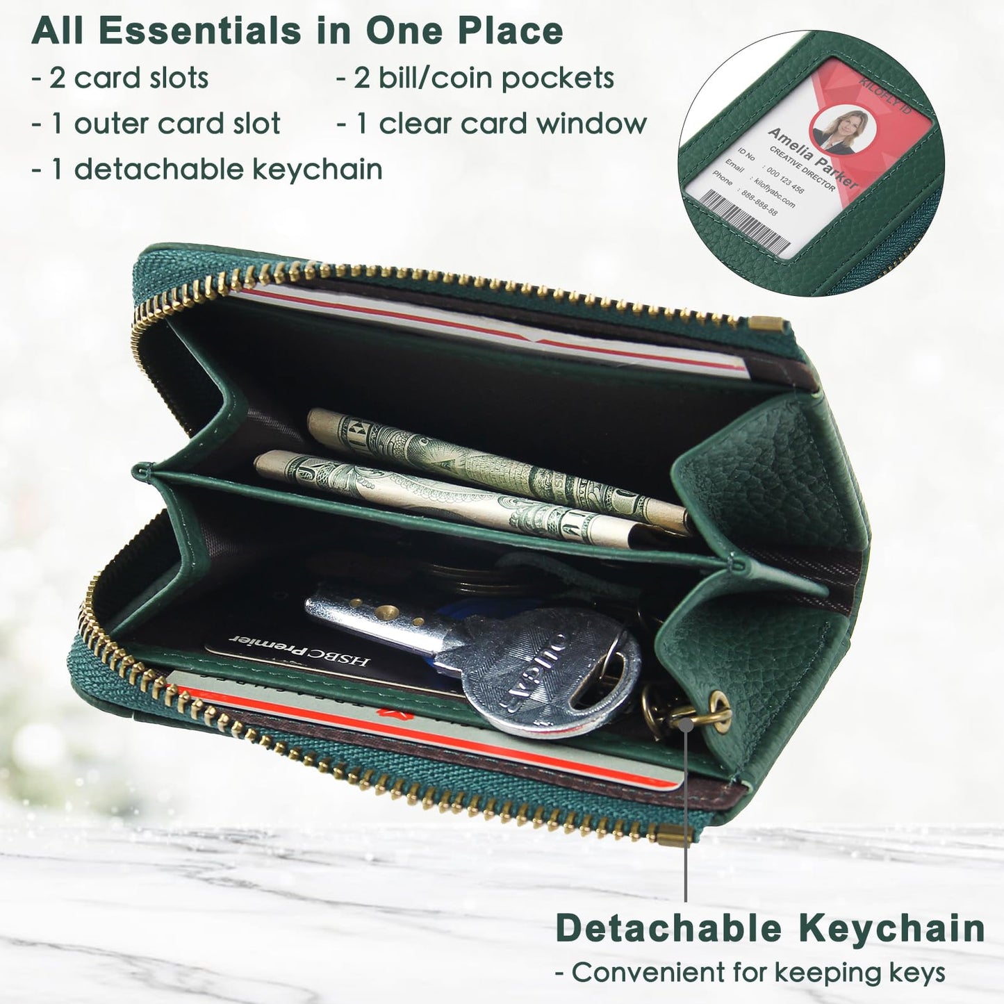 kilofly Genuine Leather Card Slot ID Holder Wallet + Keychain Cable Organizer
