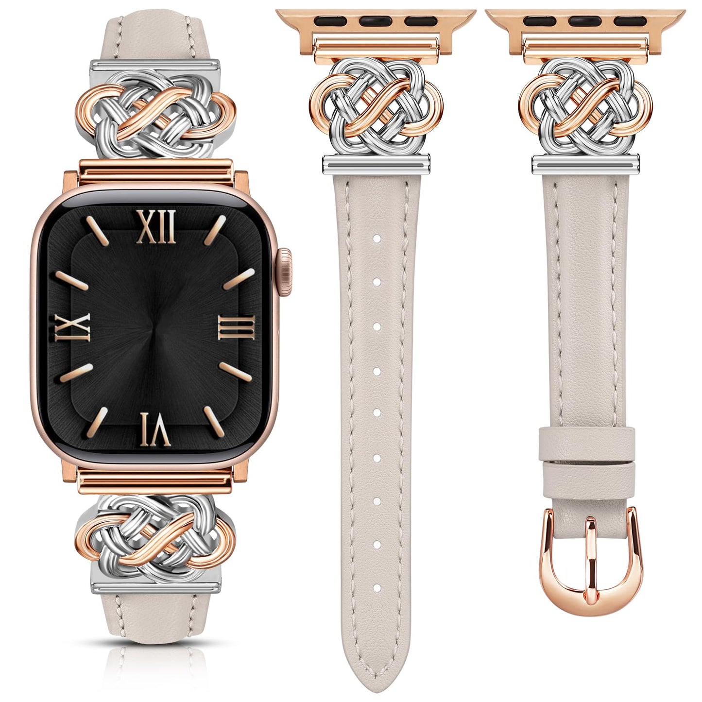Minyee Celtic Knot Leather Band Compatible with Apple Watch Band 38/40/41/42mm Women, Elegant Interlock Buckle Thin Premium Leather Strap for iWatch Series 11 10 9 Ultra SE 8 7 6 5 4 3 2 1, Starlight
