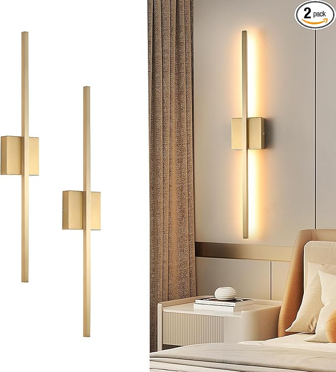 Wall Sconces Set of Two, LED Dimmable Sconces Wall Lighting, Brushed Gold Modern Wall Sconce Light for Bathroom, Living Room, Bedroom, Hardwi