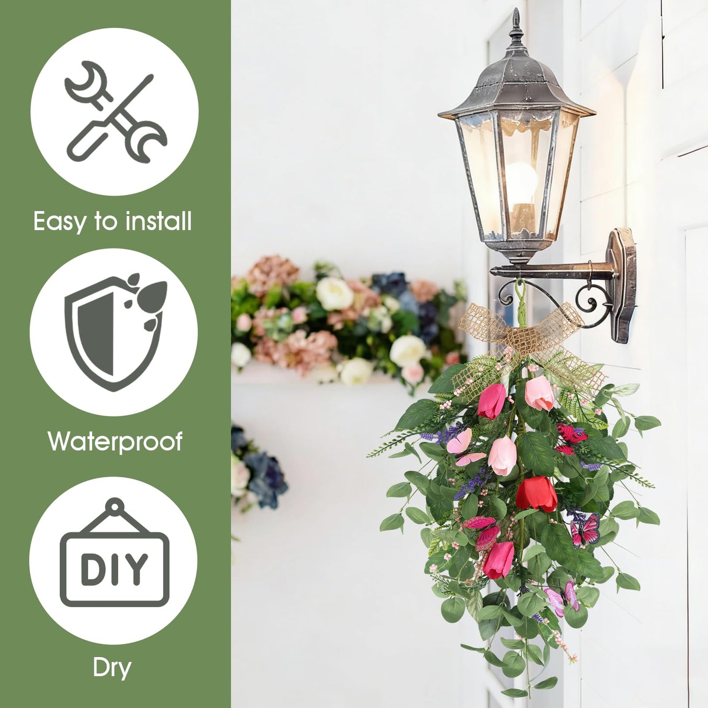 4 PCS Tulip Teardrop Swag 22" Spring Wreaths for Front Door with Purple Tassels Eucalyptus Leaves Ferns Butterflies for Indoor Outdoor Wall Festival Home Farmhouse Wedding Decor