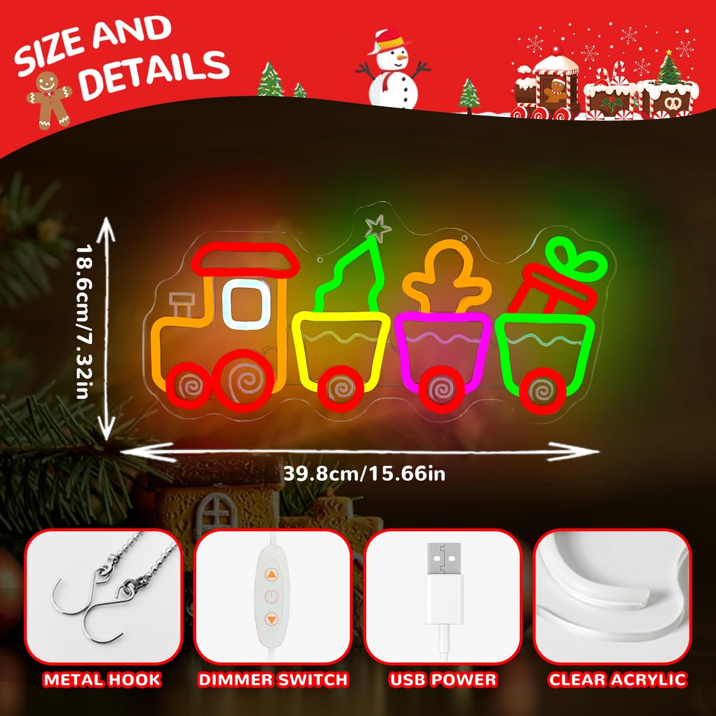 hhuohuona Christmas Train Neon Sign Gingerbread Train Led Sign Neon Christmas Lights Dimmable Light Up Sign Holiday Led Wall Decor for Home Cute Xmas Gift for Kids