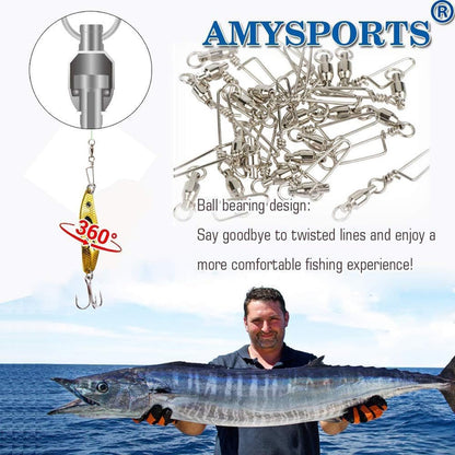 AMYSPORTS High Strength Ball Bearing Swivels - Stainless Saltwater Corrosion Resistance Barrel Swivel for Freshwater Fishing - 50pcs 180lbs