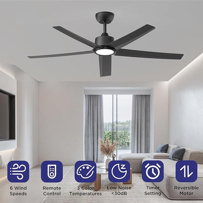 ocioc 52 inch Ceiling Fans with Lights, 2 Pack Black Ceiling Fan with Light and Remote Control, 3CCT, Quiet DC Motor, 5 Blades Modern Ceiling Fan for Living Room Farmhouse Bedroom