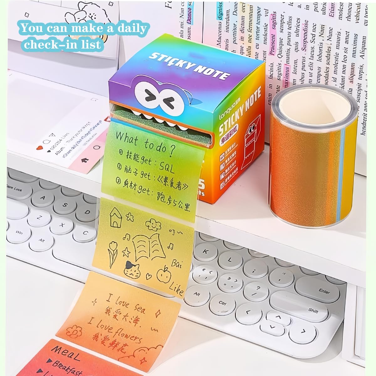 Cute Monster Pattern Sticky Note，Funny Rainbow Transparent Sticky Notes Roll，Cartoon Notes Memo Pad,Back to School Gift for Teachers & Students (style1)