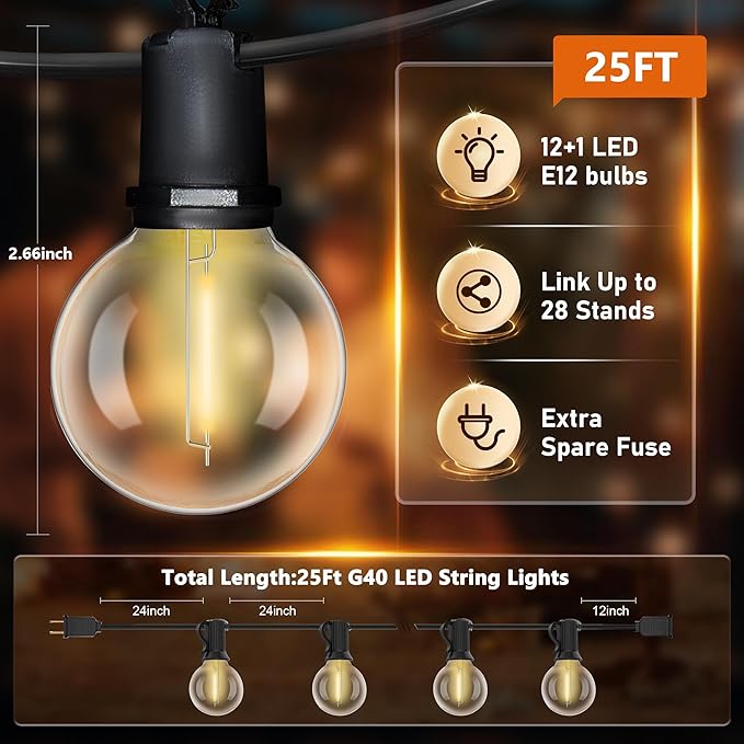 25Ft LED G40 Globe Outdoor String Lights Waterproof Patio Lights with 13 Shatterproof Warm White Bulbs, Hanging Light for Backyard Balcony Wedding Christmas Party Decorations, Black Wire