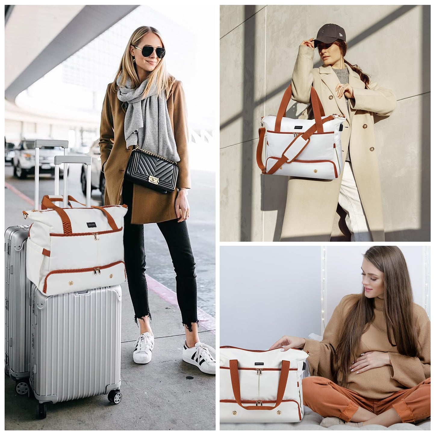 ZRRAJOY Weekender Overnight Bag for Women, Large Travel Duffel with Shoe Compartment, Wet Pocket, USB Charging Port, Carry-On Gym Tote Bag (Beige Brown)