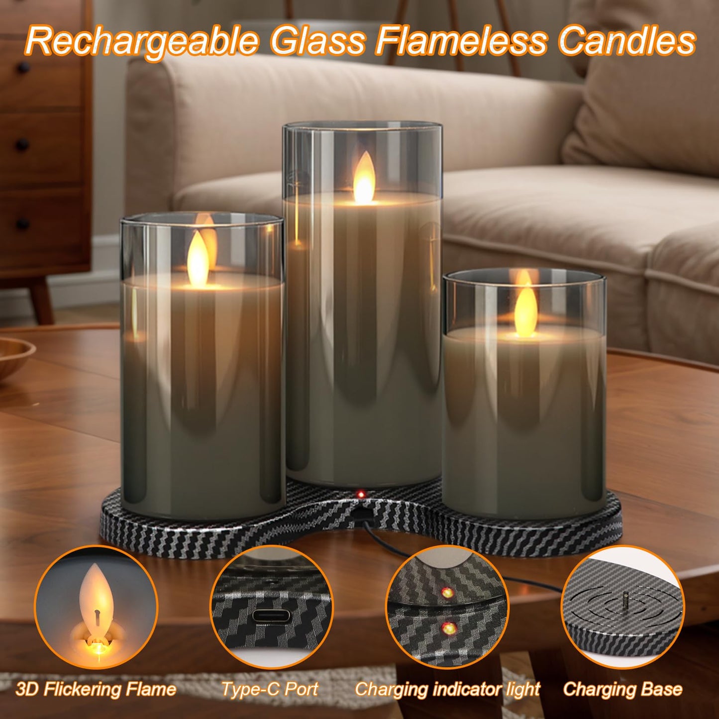 GenSwin Rechargeable Candles with Charging Station, Glass Flameless Candles with Remote, LED Pillar Flickering Candle Battery Operated for Halloween Christmas Home Party Decor(Pack of 3, Gray)