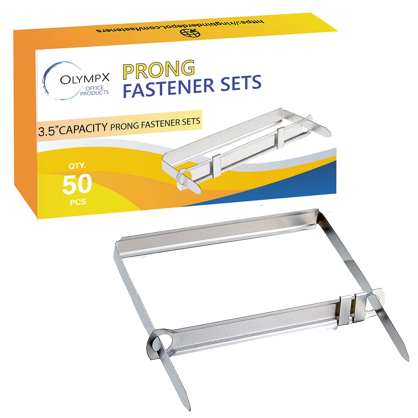 OLYMPX 50 Pcs of 3.5” Capacity Premium Metal Prong Paper Fastener Complete Set, 2.75 Inch Base with Standard 2-Hole Punch Compressor for Paper File Folder, 50 per Box