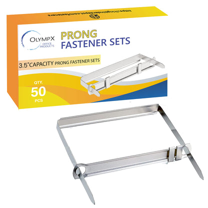 OLYMPX 50 Pcs of 3.5” Capacity Premium Metal Prong Paper Fastener Complete Set, 2.75 Inch Base with Standard 2-Hole Punch Compressor for Paper File Folder, 50 per Box