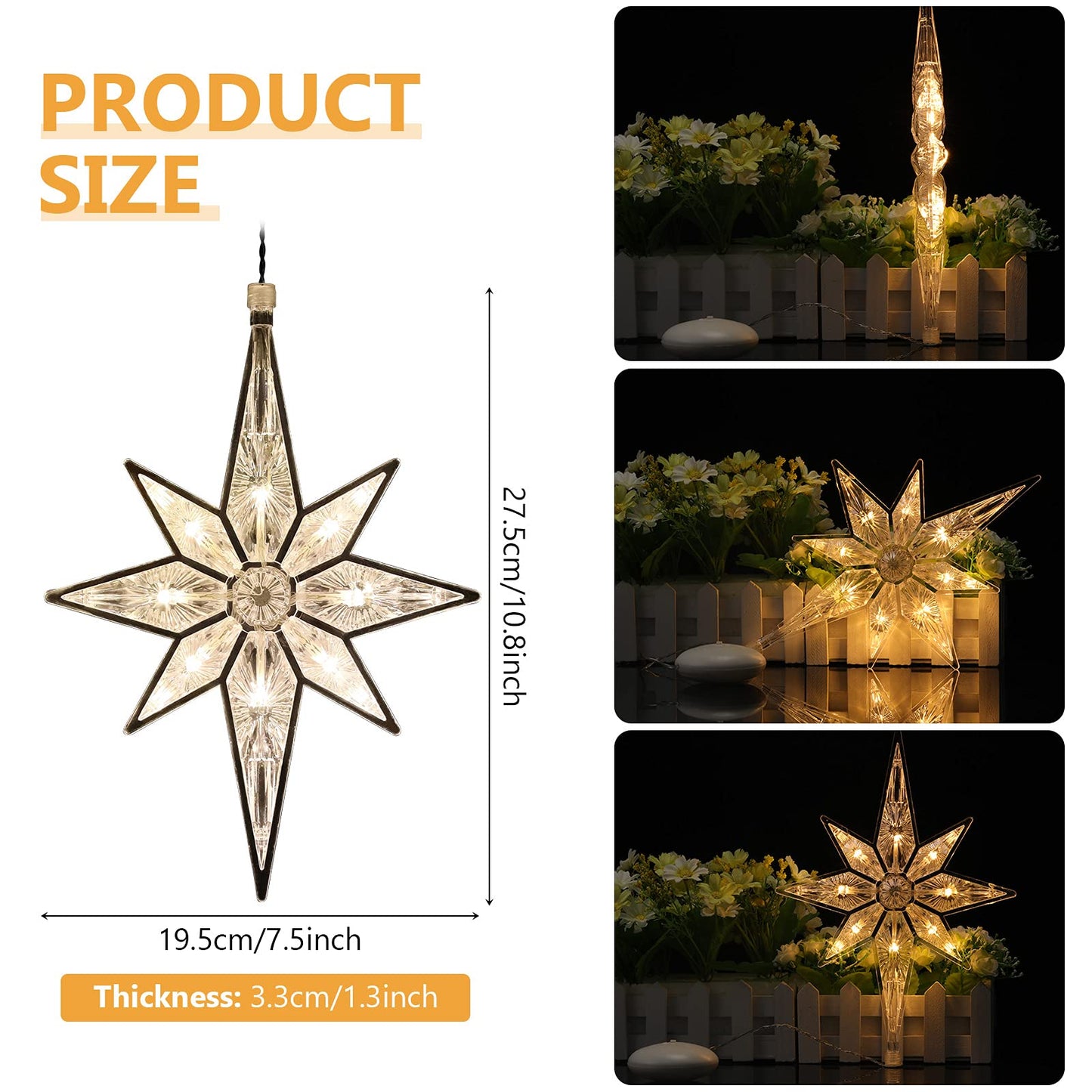 Mudder 10.8 Inch Christmas Window Star Lights Large Hanging Bethlehem Star Tree Topper Decoration Christmas LED Window Lights Silhouette Decoration (Warm White,1 Piece)