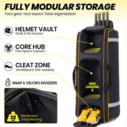 Fanwoli 100L Rolling Catchers Gear Bag - Large Baseball & Softball Duffle with 5 Fence Hooks, Locker-Style Organizer, Holds 8 Bats, Vented Shoe Zone - Essential Pro Edition (Black)