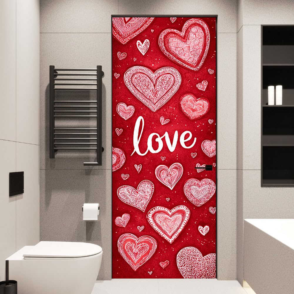 WDESYADMS Valentine’s Day Door Sticker 30.3x78.7 Inch PVC Self Adhesive Red Heart and Love Design Peel and Stick Decorative Door Decal for Bedroom Living Room Entryway Romantic Decor