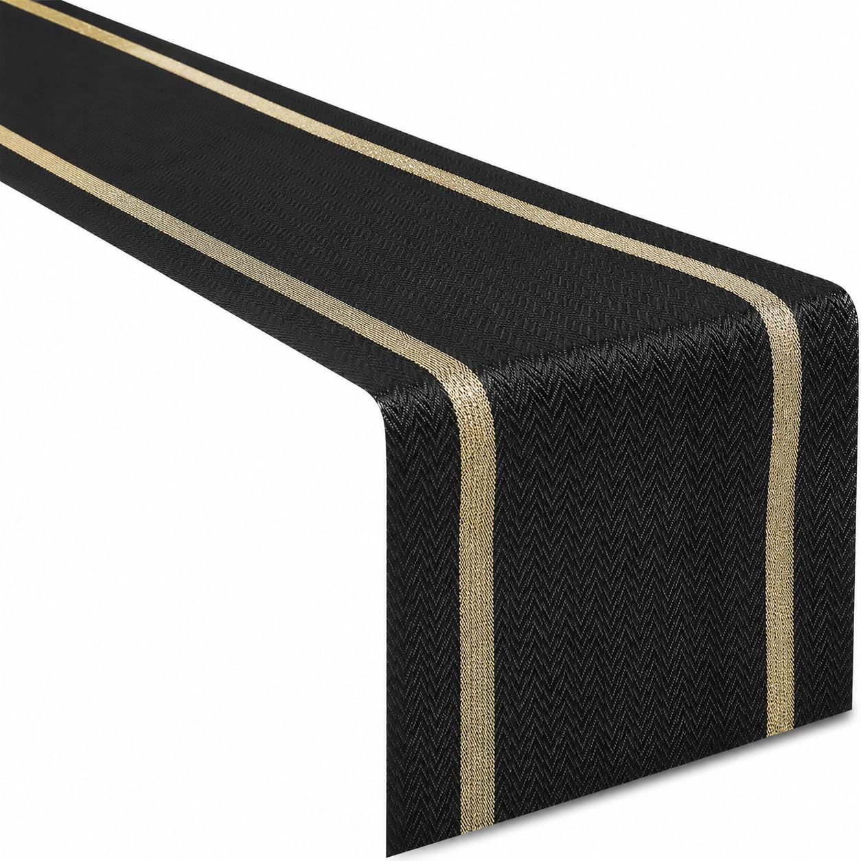 FAVE Woven Vinyl Table Runner Black Table Runner Woven with Golden Threads 72x12 Inches Wipeable Waterproof Dining Table Mats for Wedding, Banquets,Party, Restaurant (Black-72x12)