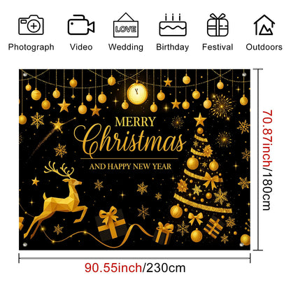 HOMETITUTE Black Gold Merry Christmas Backdrop 8×6ft Holiday New Year Photo Background Party Decoration Banner Golden Tree Reindeer Gifts Photography Backdrop