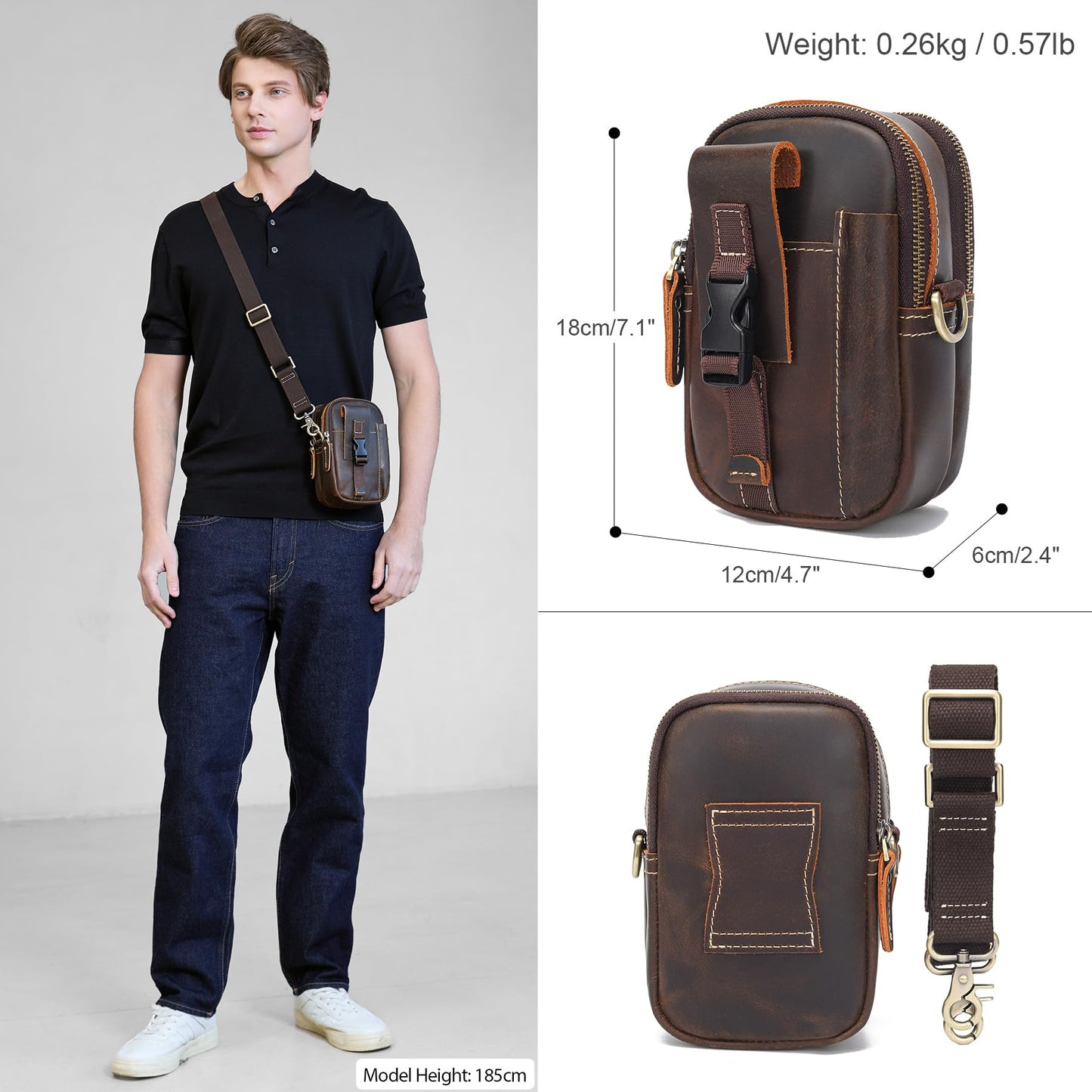 LANNSYNE Small Full Grain Leather Messenger Bag for Men, 3-in-1 Crossbody Shoulder Bag & Waist Belt Pouch, Sling Purse for Travel Business, Vintage Cell Phone Holster