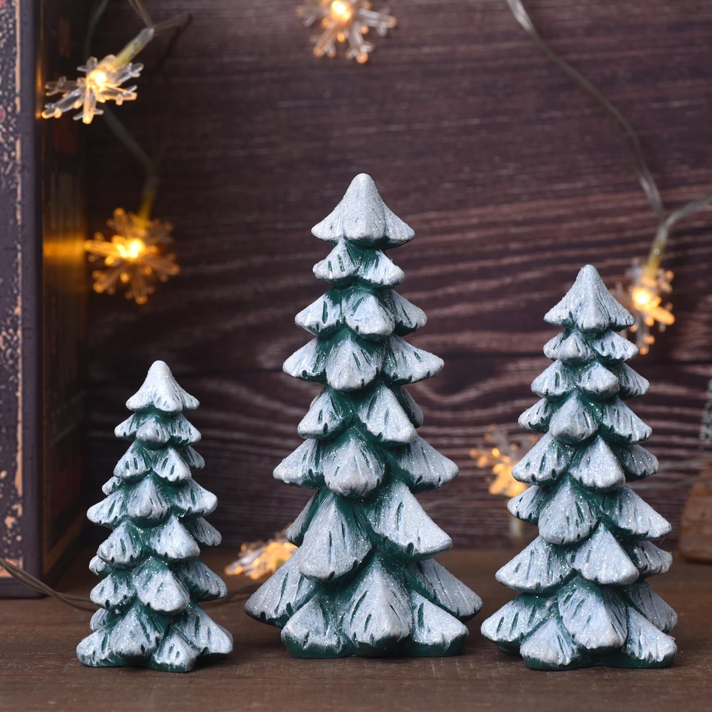 Resin Christmas Tree Figurines, 3pcs Snow-Dusted Tabletop Christmas Trees for Winter Decor, Rustic Christmas Table Decor, Holiday Table Centerpieces for Home, Shelf, Mantel (white-green)