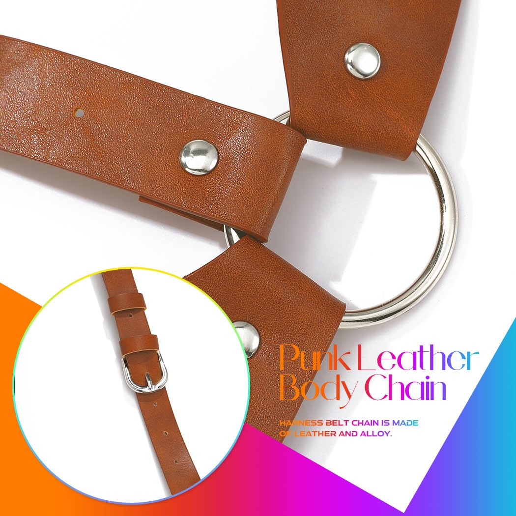 BODIY Punk Women Waist Belts Brown PU Leather Fashion Body Chain Belt Circle Rave Halloween Accessories Belt Adjustable Gothic