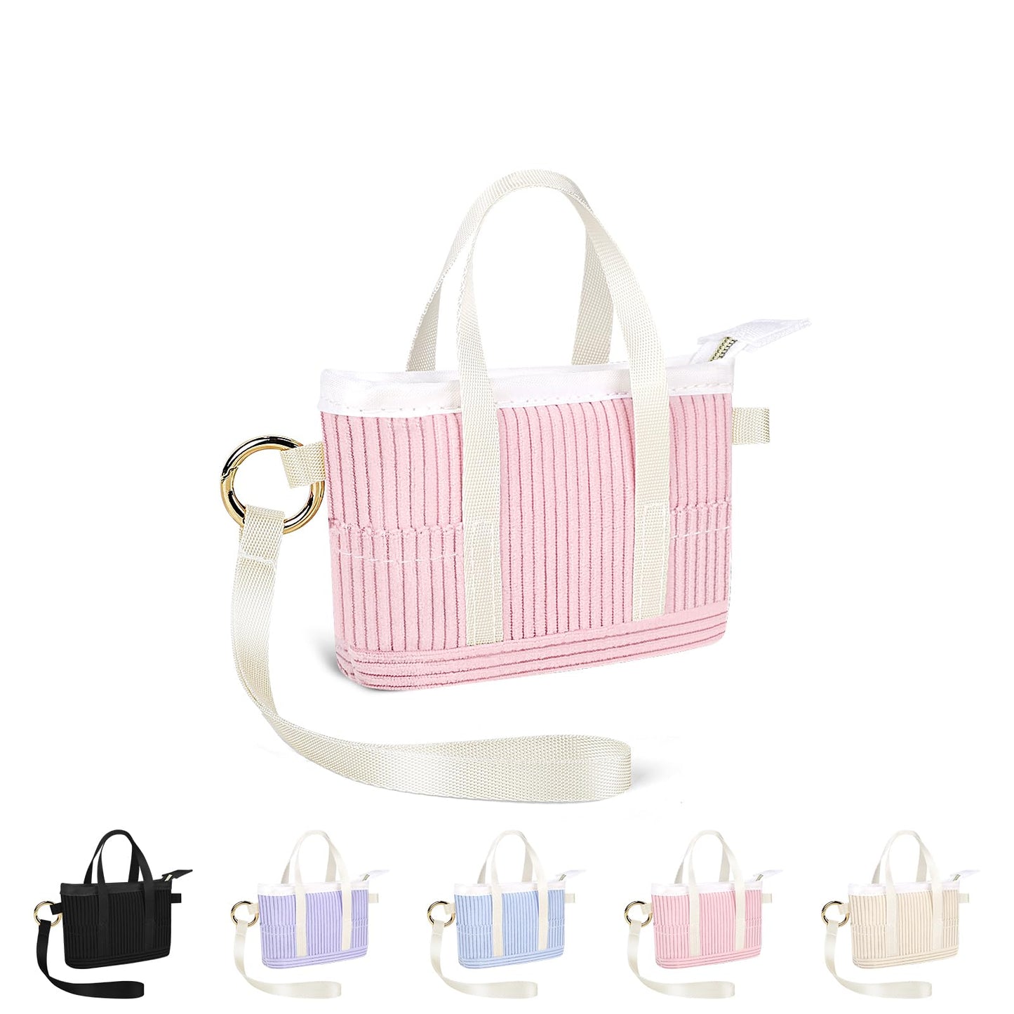 Playexen Mini Backpack Keychain for Women, Portable Cute Small Makeup Pouch with Wristlet, Mini Tote Bag Keychain for Crossbag, Handbag, Backpack, Gifts for Birthday/Party/Christmas (Corduroy-Pink)