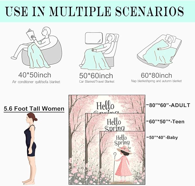 Spring Blossom Fleece Blanket - 50x60in Cute Girl in a Pink Dress Throw Blankets,Soft Cozy Lightweight, Ideal for Bed Living Room Home Whimsical Decor and Kids Women Gifts