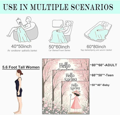 Spring Blossom Fleece Blanket - 50x60in Cute Girl in a Pink Dress Throw Blankets,Soft Cozy Lightweight, Ideal for Bed Living Room Home Whimsical Decor and Kids Women Gifts