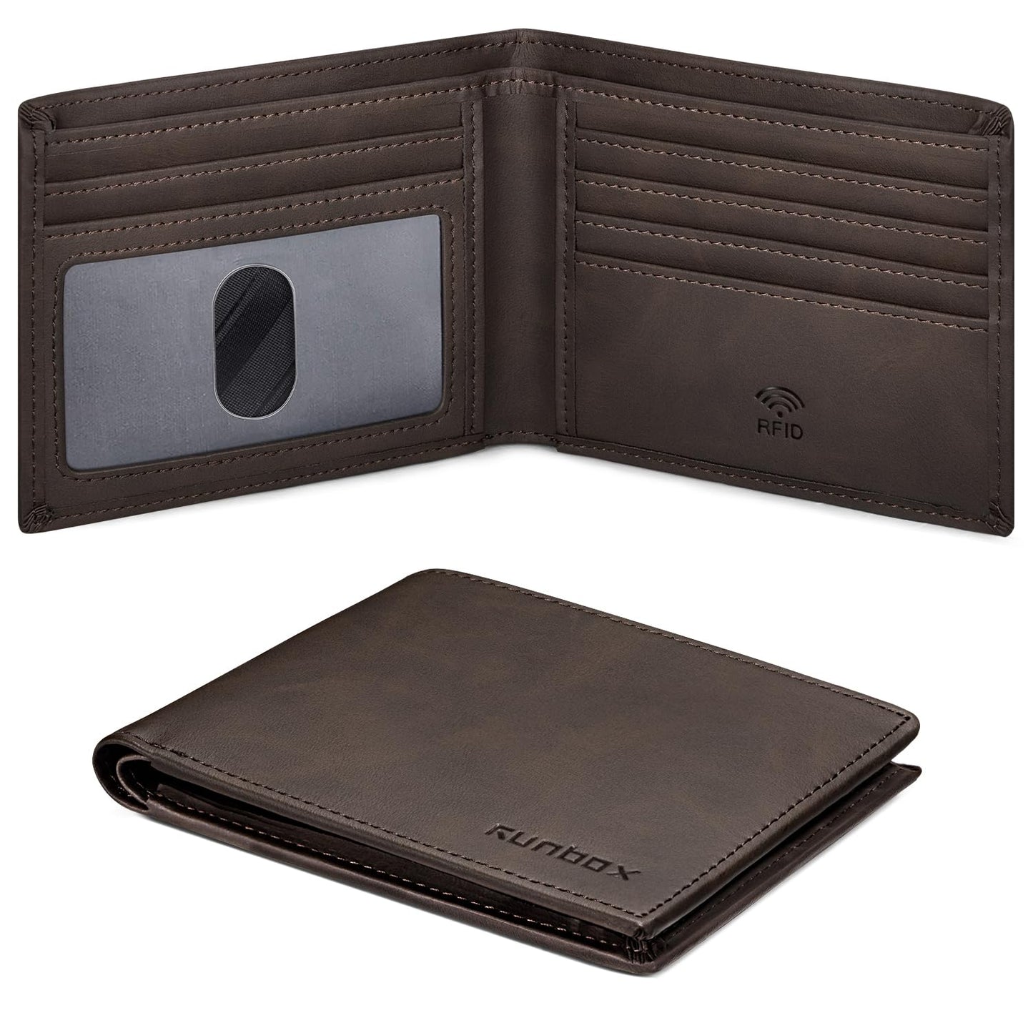 RUNBOX Wallet for Men Slim Leather Bifold RFID Blocking Minimalist Front Pocket Design with Gift Box