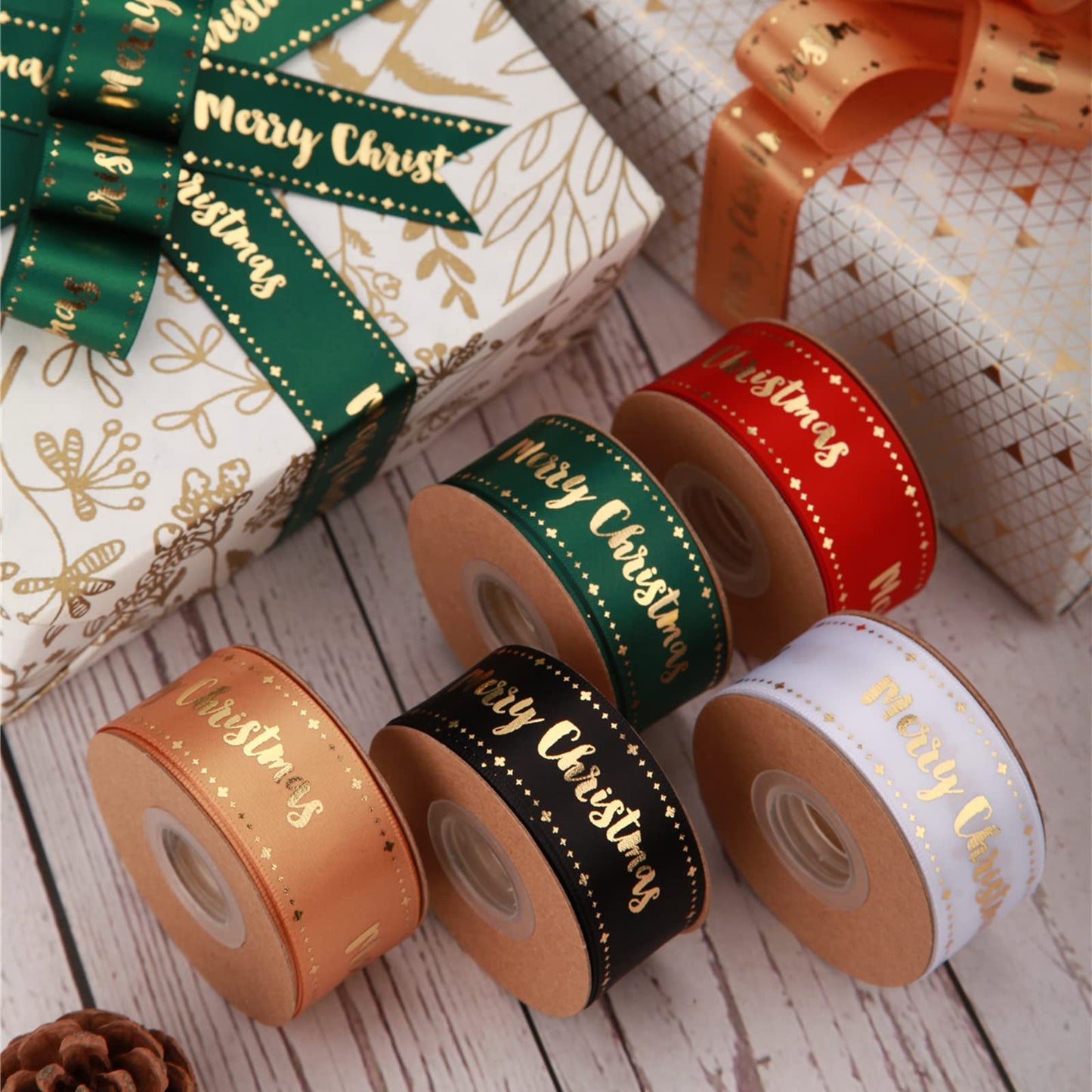 Meseey Merry Christmas Ribbon 10 Yards 1Inch Wide White Satin Ribbons with Gold Printed Gift Ribbon for Craft Packing, Gift Wrapping, DIY Craft, Christmas Party Supplies