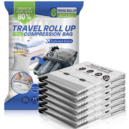 Seal Bags for Clothing- Roll Up Compression Storage Bags, Space Saver Shrink Organisers for Travel Luggage Clothes Blankets Comforters (6 Small)