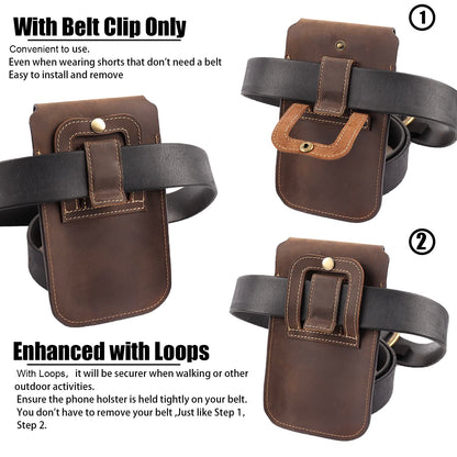 Topstache Leather Phone Holster for iPhone 17/16/15/14/13 Pro Max & Plus - Belt Clip Cell Phone Case for Galaxy S25/S24/S23 Ultra & Plus - Leather Belt Holder Pouch for Men, XL,Darkbrown