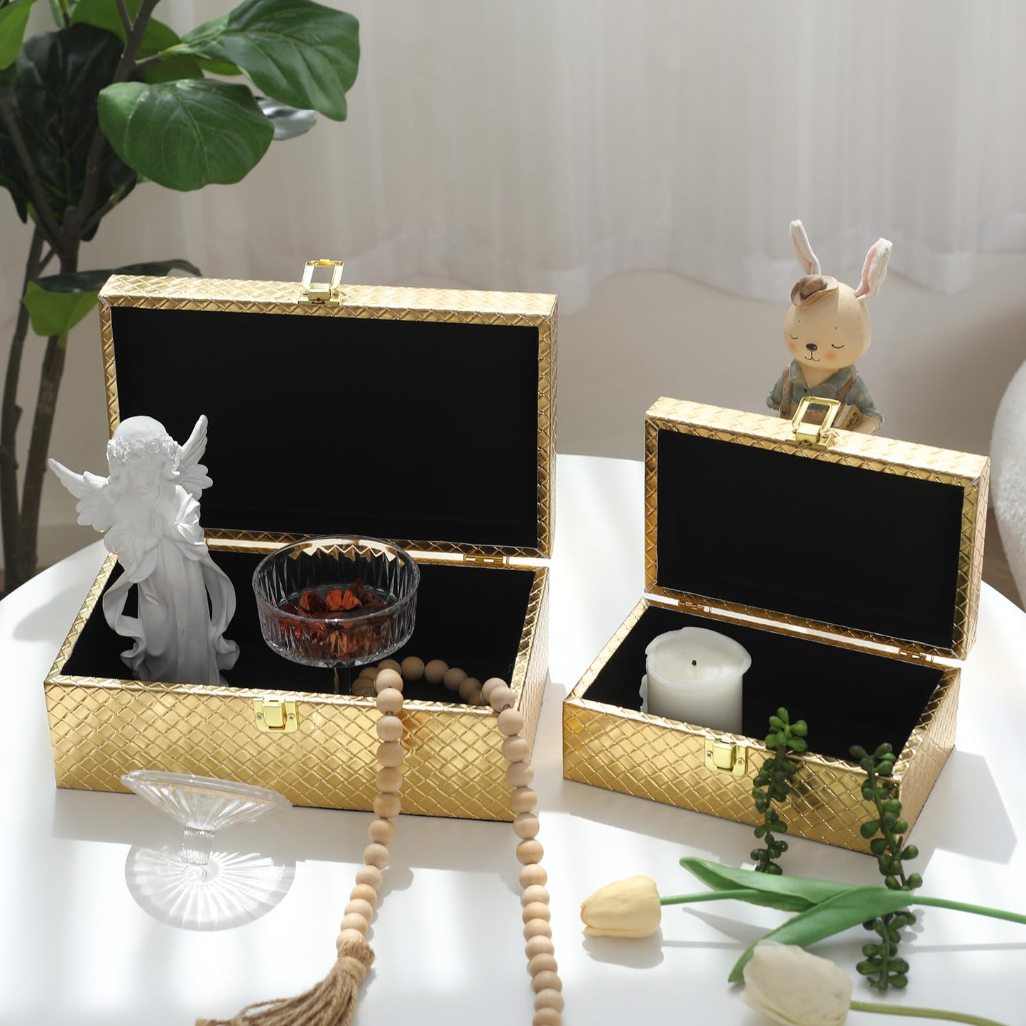 DECOR4SEASON Faux Leather Decorative Jewelry Storage Organizer Boxes Set of 2, Gold