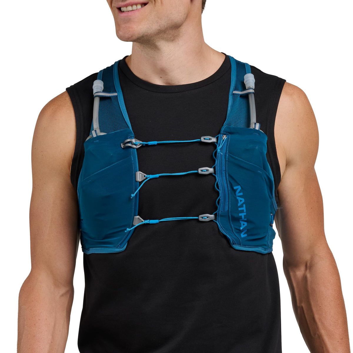 Nathan Unisex Hydration Vest - Lightweight, Quick-Fit Size Adjustment, Includes Two 14oz Hydrapak Flasks, 4L Storage, Six Pockets for Running Essentials,Pinnacle Breeze, Sailor Blue/Deep Blue S-M