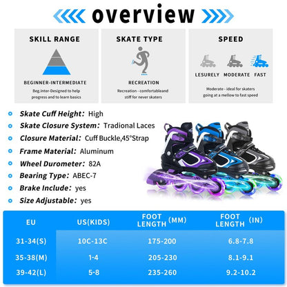 MammyGol Adjustable Inline Skates for Boys Girls Kids Youth with Light up Wheels, Green Beginner Blades Roller Skates for Boys Size 5 6 7 8 Ages 6-12