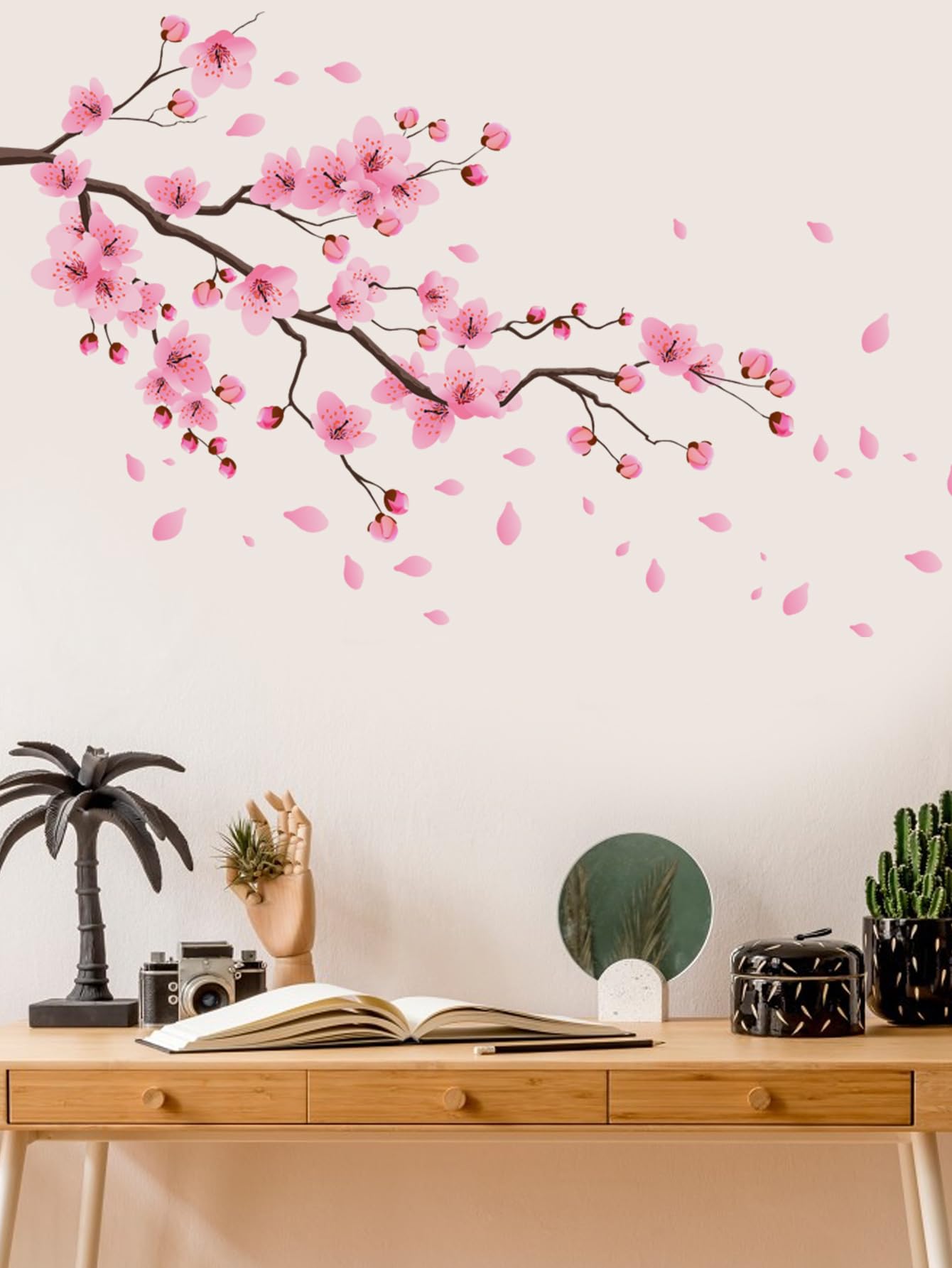 Cherry Blossom Wall Decals, Large Pink Floral Tree Branch with Birds Butterflies, Peel and Stick Removable Vinyl Wall Stickers for Living Room Bedroom Home Decor