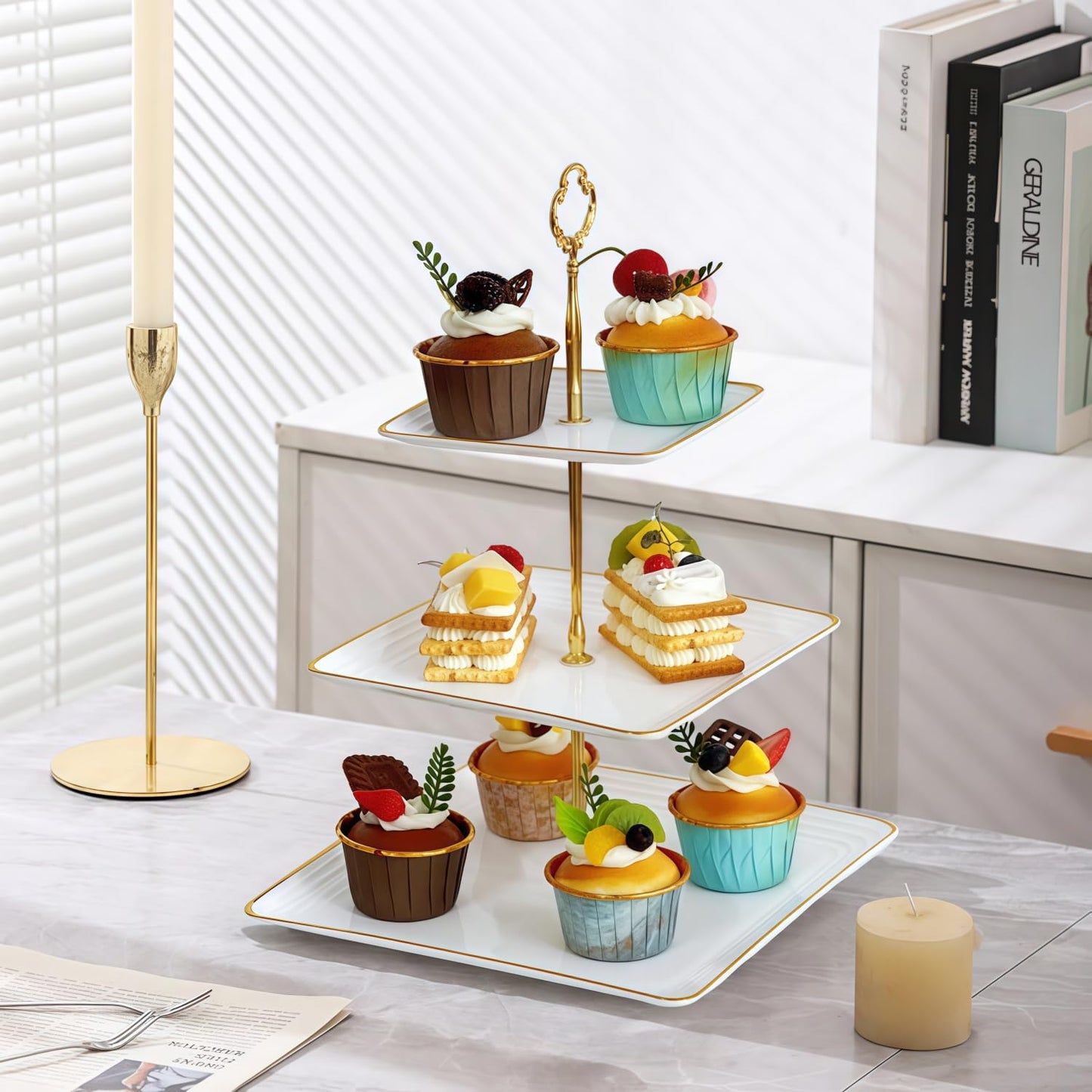 2 Pack RAUVOLFIA Plastic 3 Tier Cupcake Stand with Gold Rim, Plastic Tiered Serving Stand, Dessert Tower Tray for Tea Party, Baby Shower and Wedding, Square