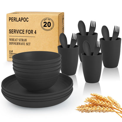 Wheat Straw Dinnerware Set 40-Piece Service for 8 Unbreakable Dishes Set Plates and Bowls Sets Drinking Glasses Microwave Safe Dish Set Lightweight Dinnerware Set for Home & Kitchen - Yellow