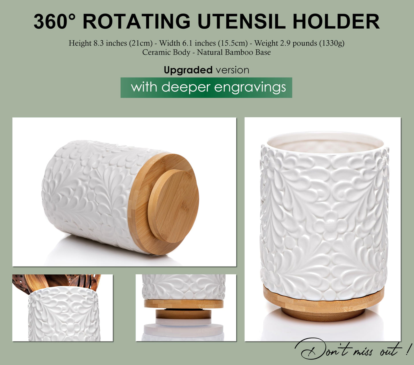 Extra Large 360° Rotating Utensil Holder for Kitchen Counter, 8.3” Cooking Utensil Holder for Countertop with Bamboo Base, White Ceramic Utensil Crock Canister for Cooking Utensils - Engraved Design