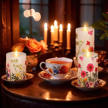 Baquler 3 Pcs Floral Wildflower Pillar Candles Flameless LED Candle Battery Operated Pressed Flower Flickering Candlestick for Wedding Summer Home Table Centerpiece Nature Inspired Party Decoration