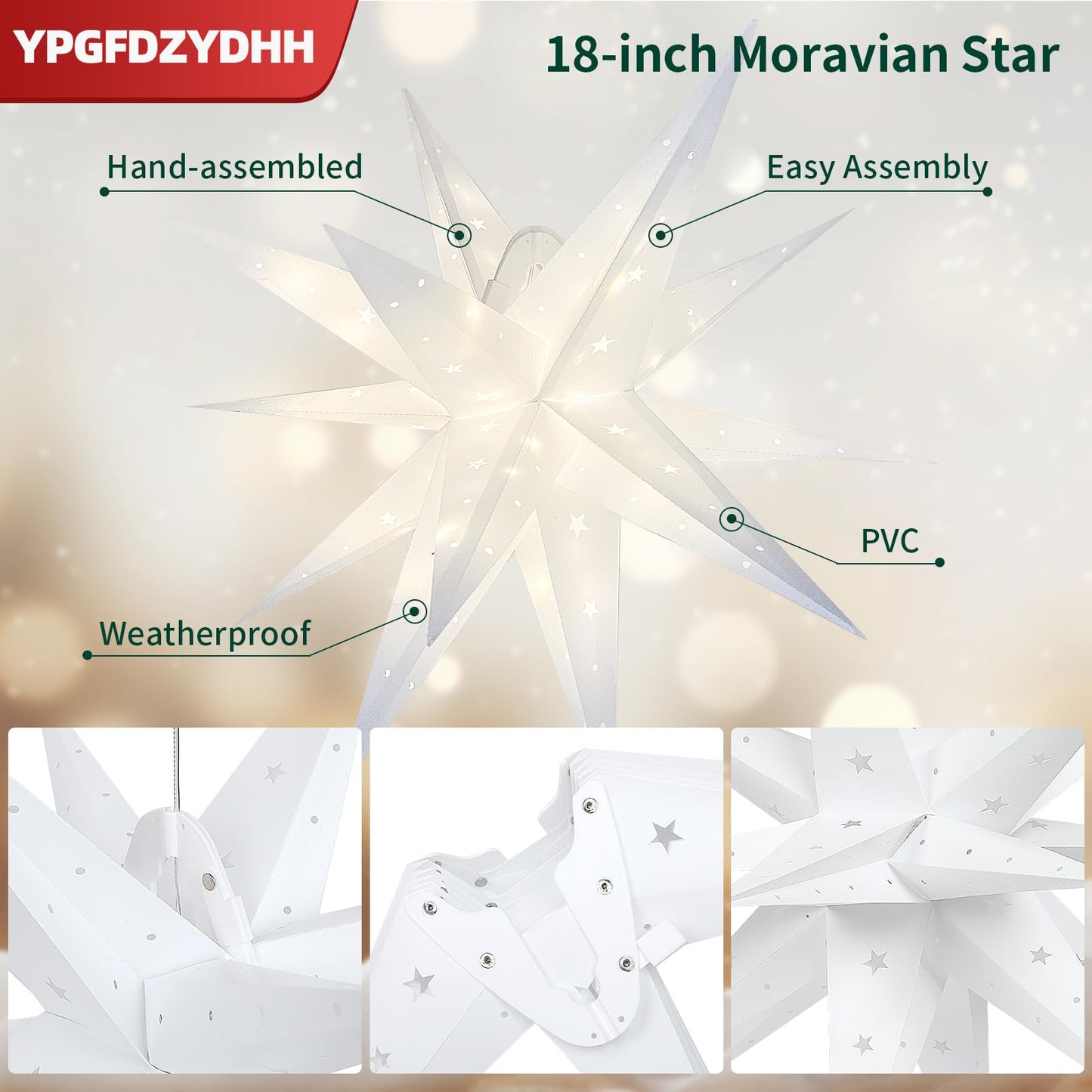 YPGFDZYDHH 5 Pack 18" Moravian Star Outdoor Light, Moravian Star Christmas Tree Topper Lighted Battery Operated, Remote Control Hanging Outdoor Star Light for Advent Courtyard, Porch-White Cutout