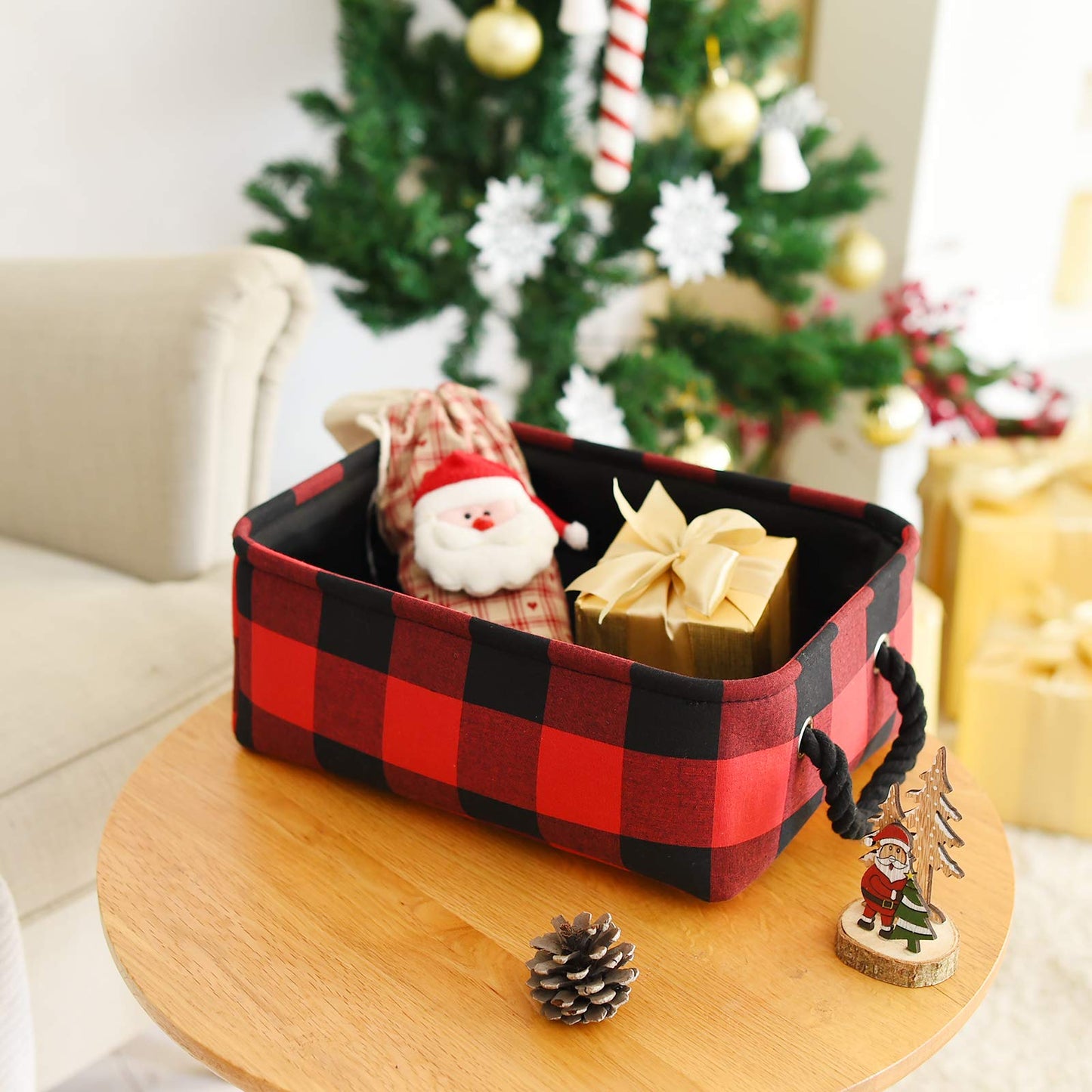 INough Red Christmas Baskets for Gifts Empty Red Gift Bag, Holiday Gift Baskets Empty Low Basket Buffalo Plaid Toy Bins Ornaments Storage Organizer for Baby Room, Kids Nursery, Home Holiday Decor