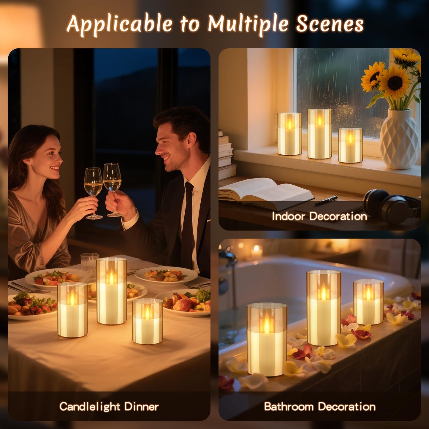 3PC Radar Motion Sensor Rechargeable Led Candles, Flameless Flickering Candle with Remote & Timer, Real Wax in Glass with Flickering Warm Light for Festival, Bedroom, christmas and party Decor-Amber