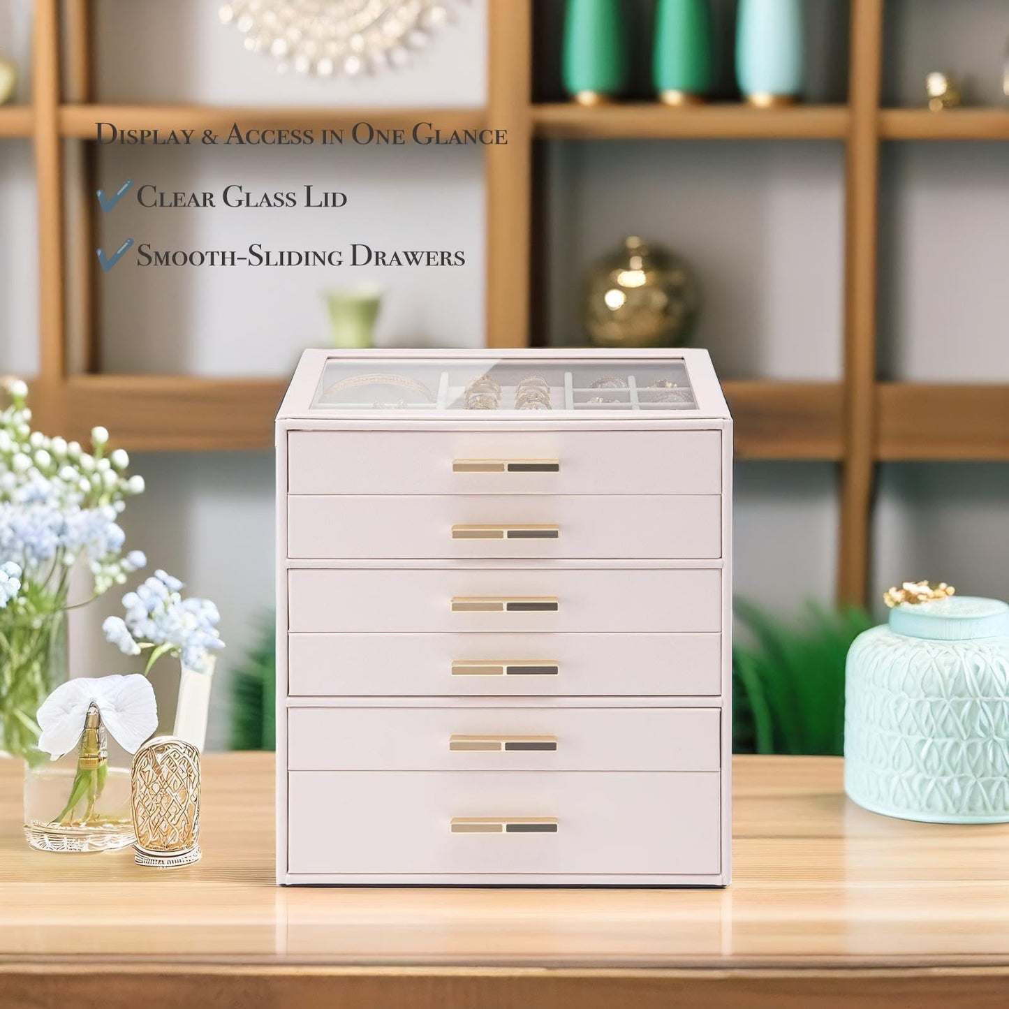 VLANDO 6-Drawer Jewelry Box with Glass Lid, Faux Leather Organizer for Rings Earrings Necklaces and More, Gift-Ready Jewelry Case for Women Girls or Moms, Pink Beige